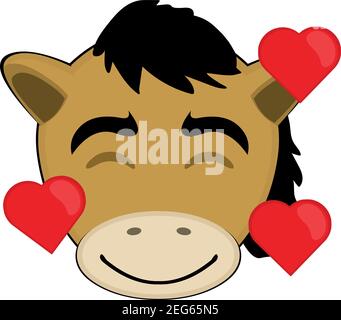 vector emoticon illustration cartoon of a pony´s head with an expression of joy, in love surrounded by hearts Stock Vector