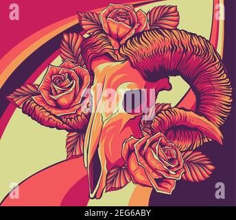 goat devilish magical symbol and Flowers and roses Stock Vector