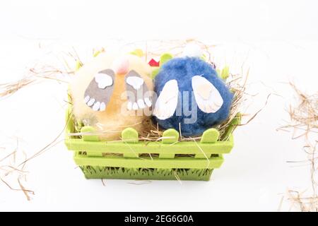 two handmade fluffy easter handmade bunnys from wool. Easter, holidays and celebration concept Stock Photo