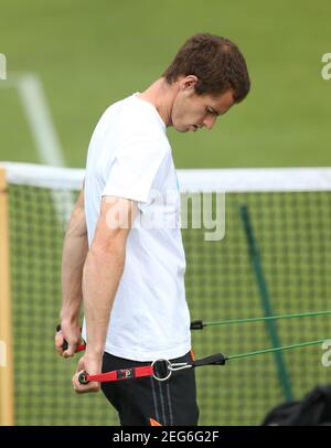 Tennis - Wimbledon Preview - All England Lawn Tennis & Croquet Club, Wimbledon, England - 24/6/12  Great Britain's Andy Murray trains ahead of Wimbledon  Mandatory Credit: Action Images / Paul Childs  Livepic