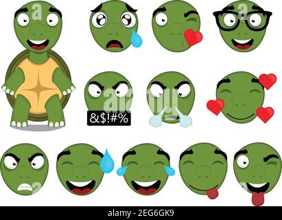 Vector emoticon illustration of a full body cartoon turtle and several heads with different expressions and emotions of love, happiness, sadness and a Stock Vector