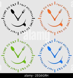 logo time to eat fast delivery in the form of a watch with a fork and spoon 1 Stock Vector
