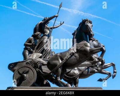 Boudicea and Her Daughters bronze monument statue erected in 1902 at the end of Westminster Bridge in London England UK, the queen was also known as B Stock Photo