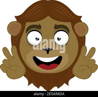 Vector emoticon  illustration cartoon of a lion's head with a happy expression and a gesture of his hands making a peace sign Stock Vector