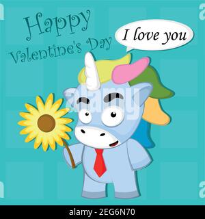 Vector illustration of a Valentine's Day card of a nice unicorn with a flower Stock Vector