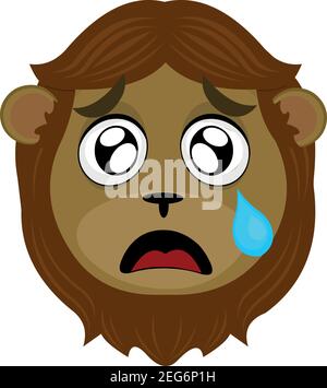 Vector emoticon  illustration cartoon of a lion´s head with a sad expression and crying with a tear falling from its eye over its cheek Stock Vector