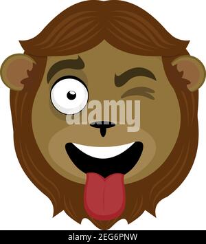 Vector emoticon  illustration cartoon of a lion's head with a joyful expression of pleasure with its eyes closed and sticking out its tongue Stock Vector