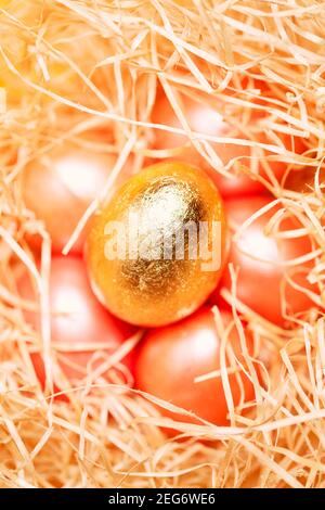Light happy easter background, gold colored egg in hay nest close-up, pastel colors, top view Stock Photo