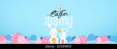 Cute bunnies and colorful Easter eggs on light blue banner background Stock Vector
