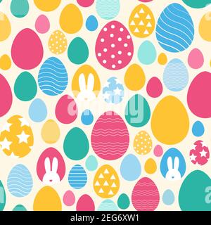 Happy Easter seamless pattern with bunny, egg, flower, rabbit, chicken on  blue background. Greeting card vector icons, gift wrapping paper and Stock  Vector Image & Art - Alamy