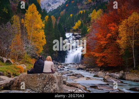 Gradas de Soaso cascade in autumn (Ordesa Valley, Pyrenees, Spain) ESP: Gradas de Soaso en otoño (Valle de Ordesa, Pirineos, España) Stock Photo