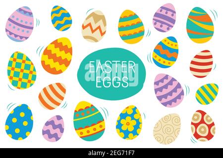 Easter eggs set doodle and color style. Happy easter colorful flat design isolated on white background. Stock Vector