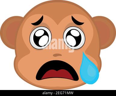 Vector emoticon illustration cartoon of a monkey´s head with a sad expression and crying with a tear falling from its eye over its cheek Stock Vector