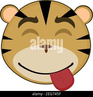 Vector emoticon  illustration cartoon of a tiger's head with a joyful expression of pleasure with its eyes closed and sticking out its tongue Stock Vector