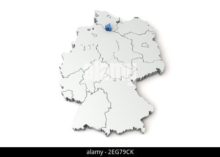 Map of Germany showing Hamburg region. 3D Rendering Stock Photo