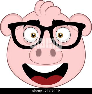 Vector emoticon illustration cartoon of a pig's head with the cheerful expression, wearing glasses Stock Vector
