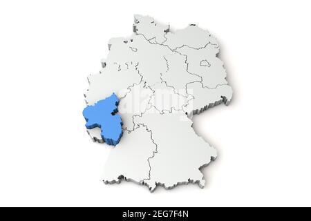 Map of Germany showing Rhineland Palatinate region. 3D Rendering Stock Photo