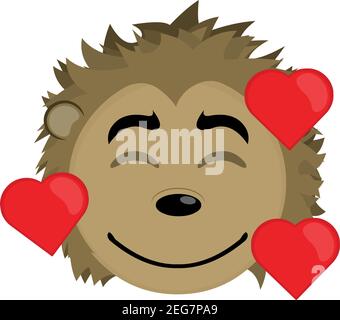 Vector emoticon illustration cartoon of a porcupine´s head with an expression of joy, in love surrounded by hearts Stock Vector