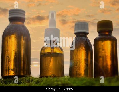 Brown bottles, medicine.  Set of various bottles, medical Stock Photo