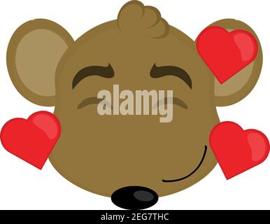 Vector emoticon illustration cartoon of a mouse´s head with an expression of joy, in love surrounded by hearts Stock Vector