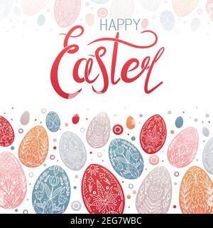 Happy Easter. Card of an Easter egg with geometric floral pattern with tribal decorations and lettering. Festive spring treat with wishes. Postcard wi Stock Vector