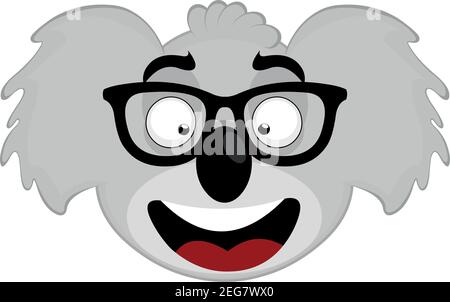 Vector emoticon illustration of the head of a cartoon koala with glasses and a happy expression Stock Vector