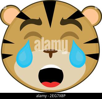 Vector emoticon  illustration cartoon of a tiger's head with a sad expression and crying with his eyes closed and tears on his face Stock Vector