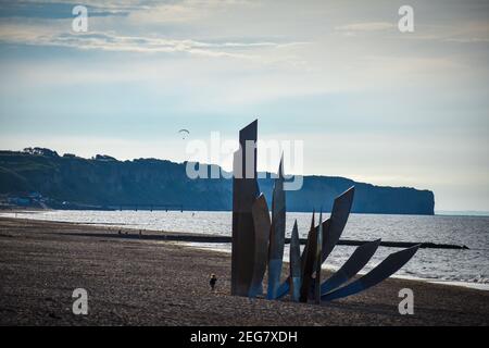 NORMANDY, FRANCE - July 4, 2017: Monument to the Brave on the Historic beach called Omaha Beach in Vierville-sur-Mer, from the battle of the Normandy Stock Photo