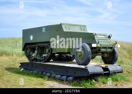 NORMANDY, FRANCE - July 4, 2017: Army commemorative vehicles, along the so-called Utah Beach, at the Normandy landings, during World War II. Stock Photo