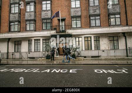 LONDON, UK 18 February 2021. Police officers and staff wearing protective facemasks are seen outside the King Edward VII hospital where  HRH Prince Philip, Duke of Edinburgh is currently receiving medical treatment as a precautionary measure since  being admitted to hospital on 16th February after feeling unwell . Credit amer ghazzal/Alamy Live News Stock Photo