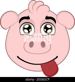 Vector emoticon  illustration cartoon of a pig´s head with happy expression, with tender eyes and sticking out the tongue Stock Vector