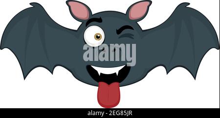 Vector emoticon illustration cartoon of a bat´s head with happy expression,  winking and sticking out his tongue with his mouth open Stock Vector