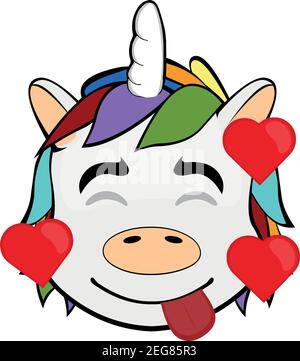 vector emoticon illustration cartoon of an unicorn´s head with an expression of joy, in love surrounded by hearts Stock Vector