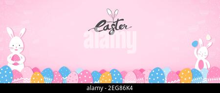 Cute bunnies and colorful Easter eggs on pink banner background Stock Vector