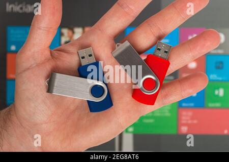 Top view of two USB flash drives on a hand Stock Photo