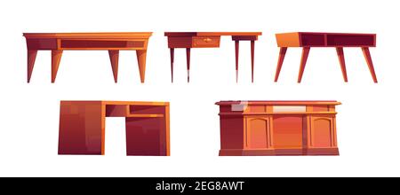 Empty wooden desks for work in office or home cabinet isolated on white background. Vector cartoon set of wood brown tables with drawers and shelves. Workspace furniture for job and study Stock Vector