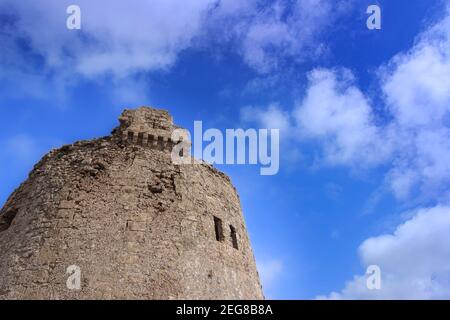 Torre Mozza Watchtower in Apulia, Italy.The tower was built by order of King Charles V in the 16th century. It was used for the defense of Salento's c Stock Photo