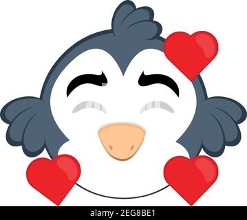 Vector emoticon illustration cartoon of a bird´s head with an expression of joy, in love surrounded by hearts Stock Vector