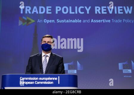 Brussels, Belgium. 18th Feb, 2021. Press conference by Valdis DOMBROVSKIS, Executive Vice-President of the European Commission on the trade policy review in Brussels, Belgium on February 18, 2021. Credit: ALEXANDROS MICHAILIDIS/Alamy Live News Stock Photo