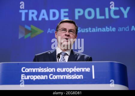 Brussels, Belgium. 18th Feb, 2021. Press conference by Valdis DOMBROVSKIS, Executive Vice-President of the European Commission on the trade policy review in Brussels, Belgium on February 18, 2021. Credit: ALEXANDROS MICHAILIDIS/Alamy Live News Stock Photo