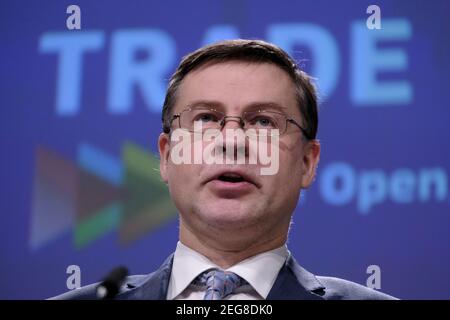 Brussels, Belgium. 18th Feb, 2021. Press conference by Valdis DOMBROVSKIS, Executive Vice-President of the European Commission on the trade policy review in Brussels, Belgium on February 18, 2021. Credit: ALEXANDROS MICHAILIDIS/Alamy Live News Stock Photo