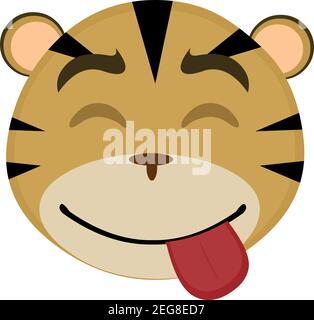 Vector emoticon  illustration cartoon of a tiger's head with a joyful expression of pleasure with its eyes closed and sticking out its tongue Stock Vector