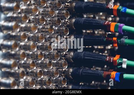 Connecting BNC connector for CCTV system. Broadcasting system room. Stock Photo