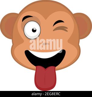 Vector emoticon illustration cartoon of a monkey´s head with happy expression,  winking and sticking out his tongue with his mouth open Stock Vector