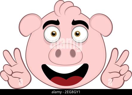 Vector emoticon  illustration cartoon of a pig's head with a happy expression and a gesture of his hands making a peace sign Stock Vector