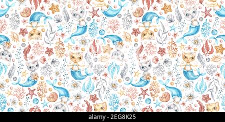 Watercolor Vector Cat mermaid seamless pattern in cartoon style. Creative nursery background print. Cute baby mermaid. Stock Vector
