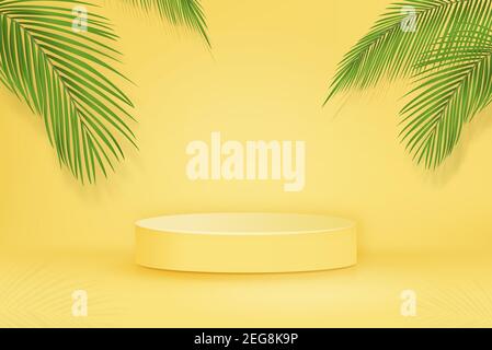3D stage podium mockup on yellow background with palm tree leaves for food and product placement in tropical concepts, vector illustration Stock Vector