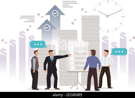Businessmen at office having a meeting with stack of documents. Success business and finance concept. Flat vector illustration. Stock Vector