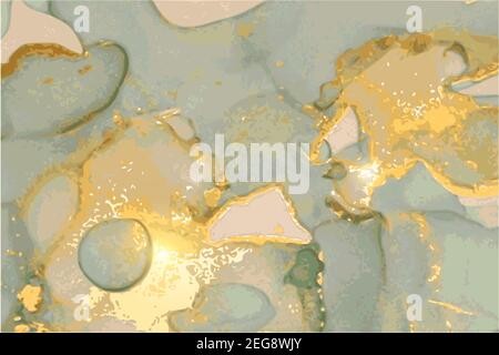 Marble teal, gray, and gold stone texture. Alcohol ink technique abstract vector background. Modern luxury paint in natural colors with glitter. Templ Stock Vector