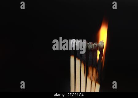 Burning matches on black background. matchsticks on fire in row of burning is sequence while one match stay down from burning to avoid fire connecting Stock Photo